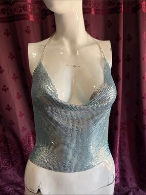 Claire's Baby Blue Mesh Chain-Strap Cowl Neck Women's Crop Top Size Medium